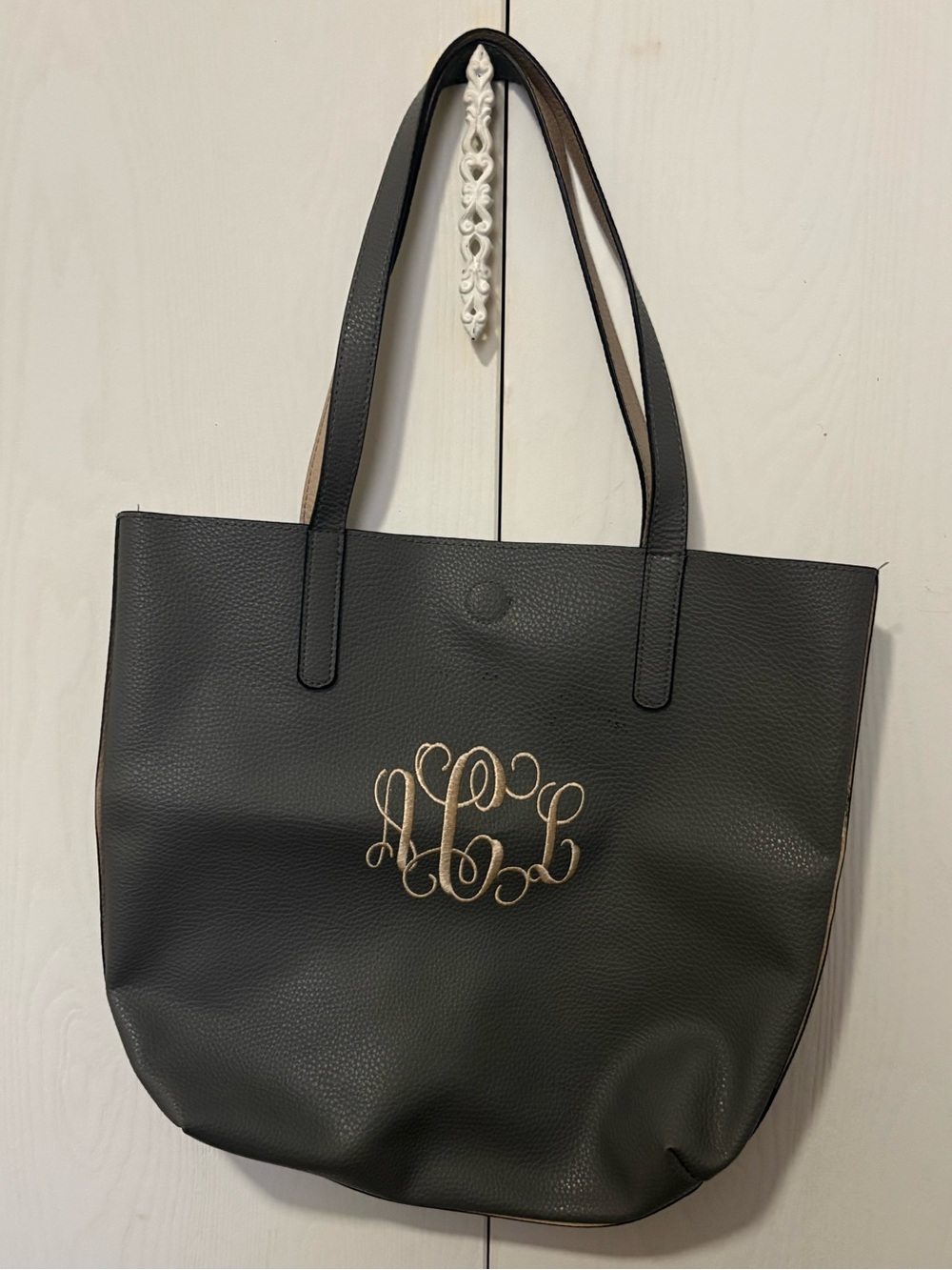 Ulta soft Gray Faux leather Letter Monogram Tote.